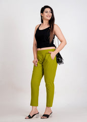 Women's Parrot Green Cotton Trouser Pant