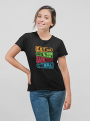 Eat Sleep Game Repeat Cotton Unisex Black Tshirt