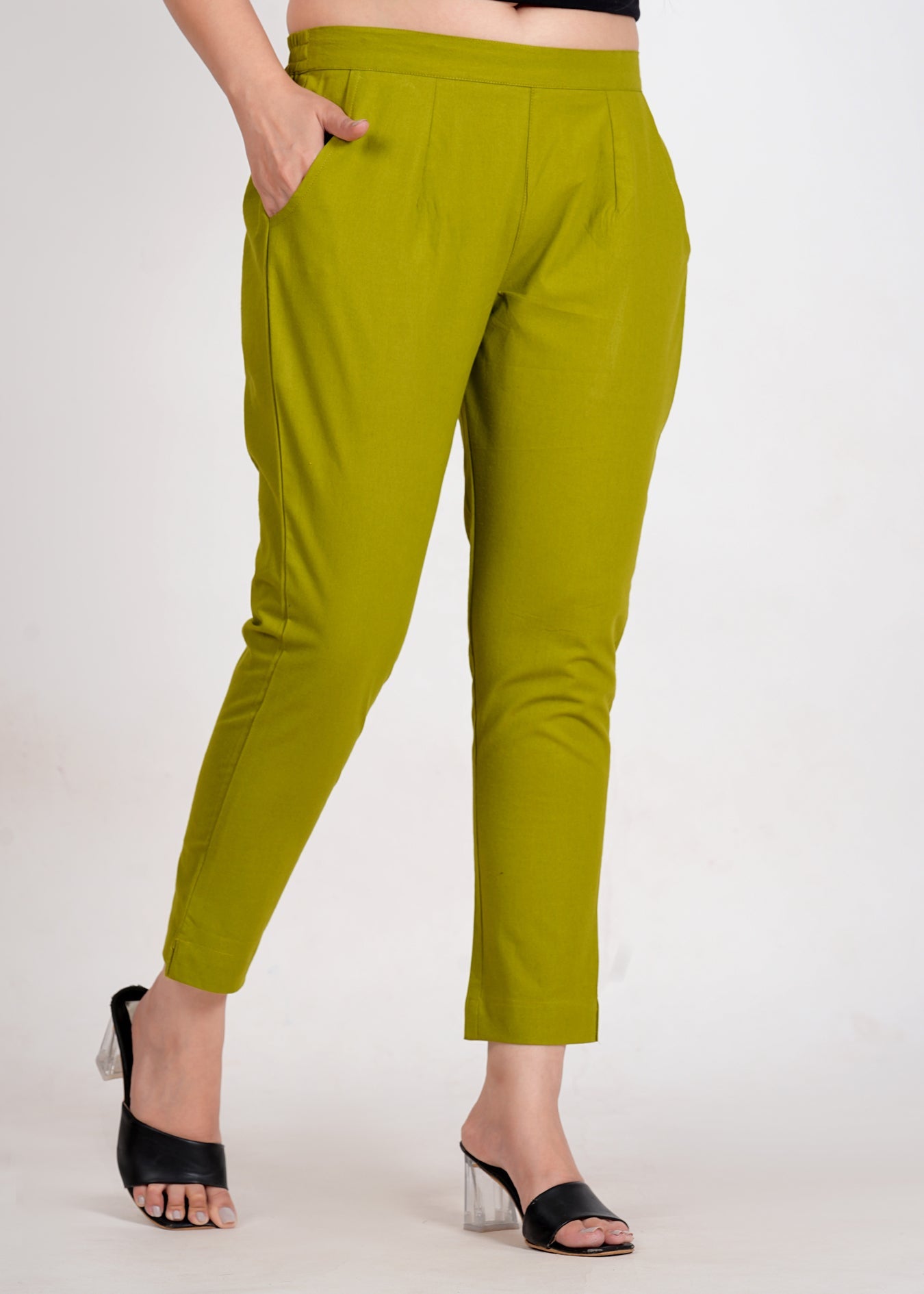 Women's Parrot Green Cotton Trouser Pant