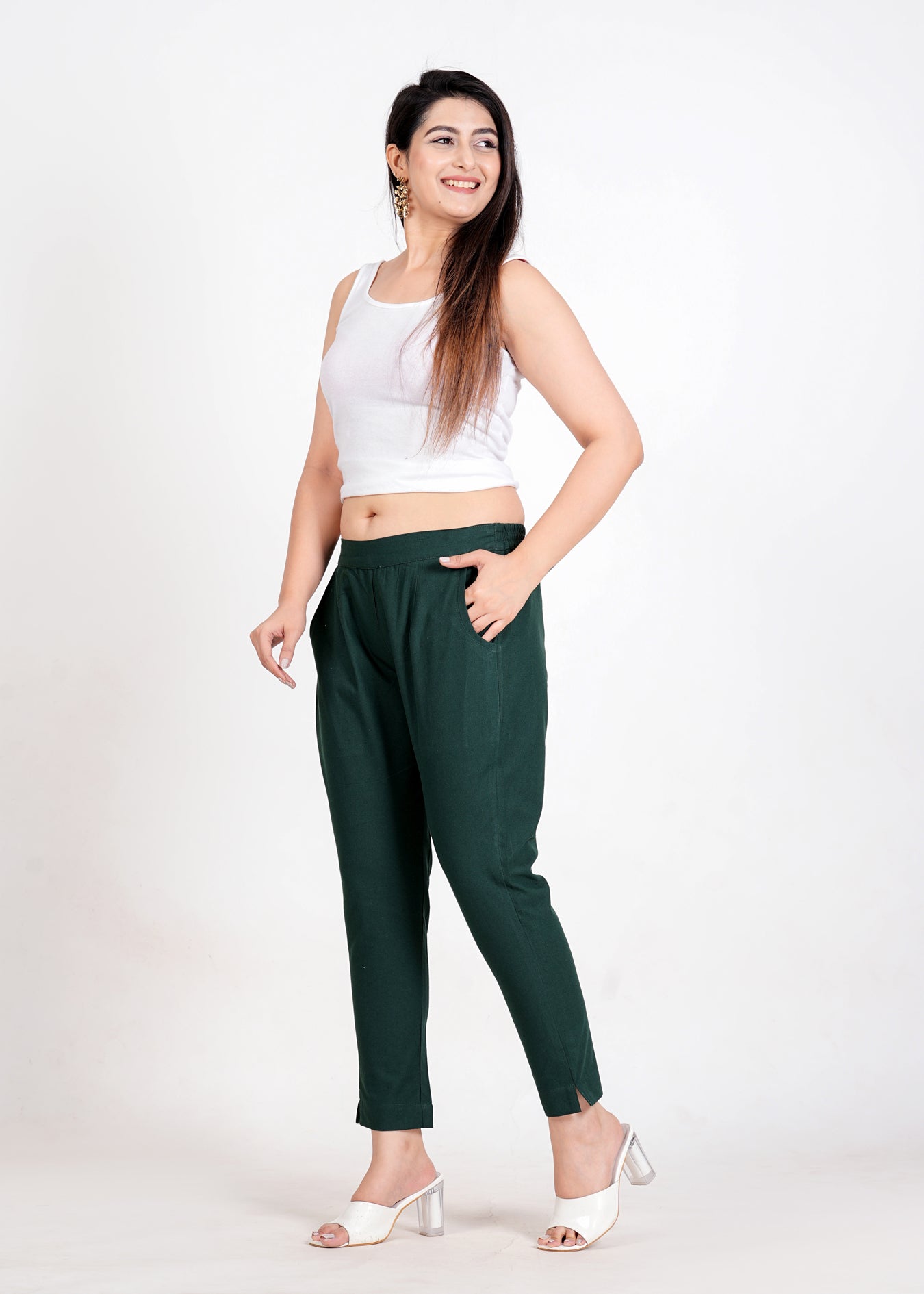 Women's Bottle Green Cotton Trouser Pant