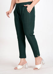 Women's Bottle Green Cotton Trouser Pant