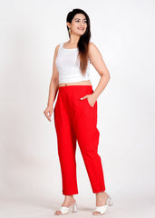 Women's Red Cotton Trouser Pant