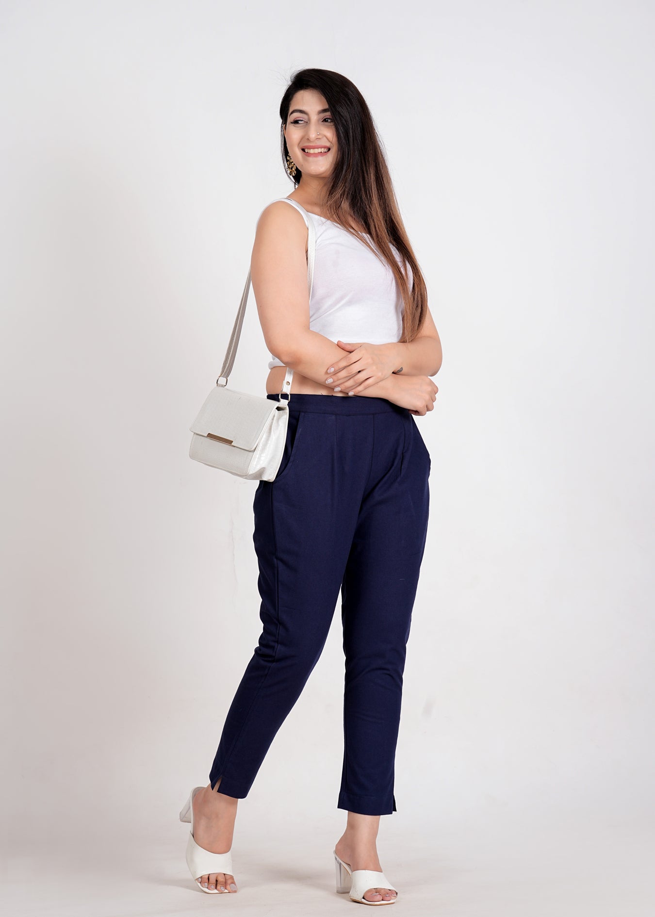 Women's Navy Blue Cotton Trouser Pant