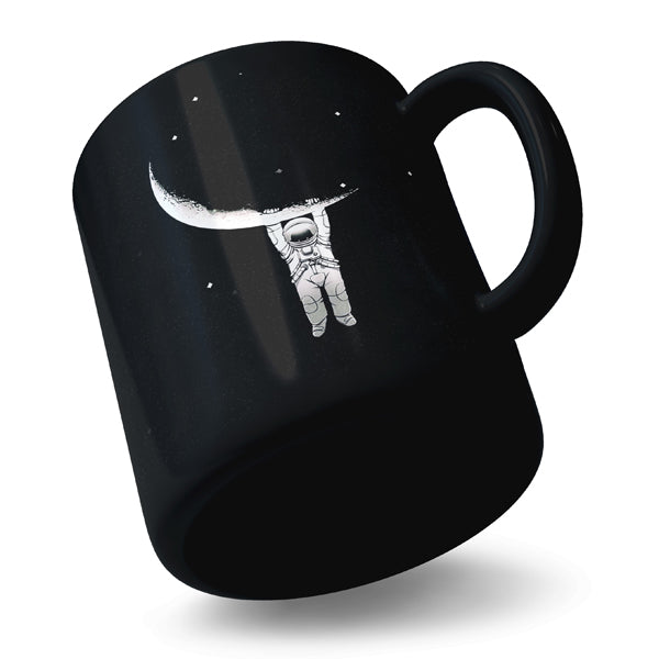 Astronaut Space Hanging Moon Typography - Black Ceramic Mug